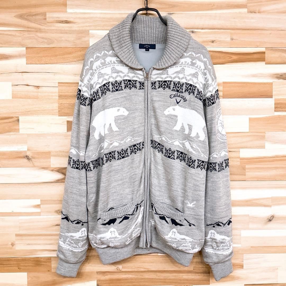 【キャロウェイ】シロクマ ジップ ニット ブルゾン ゴルフ LL グレー×白 キャロウェイ】シロクマ ジップ ニット ブルゾン ゴルフ LL グレー×白