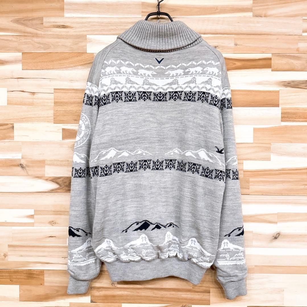 【キャロウェイ】シロクマ ジップ ニット ブルゾン ゴルフ LL グレー×白 キャロウェイ】シロクマ ジップ ニット ブルゾン ゴルフ LL グレー×白