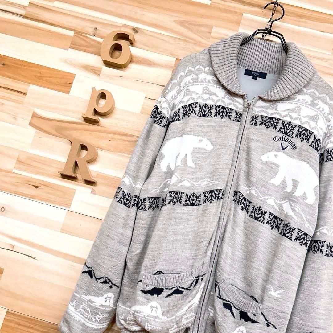 キャロウェイ】シロクマ ジップ ニット ブルゾン ゴルフ LL グレー×白