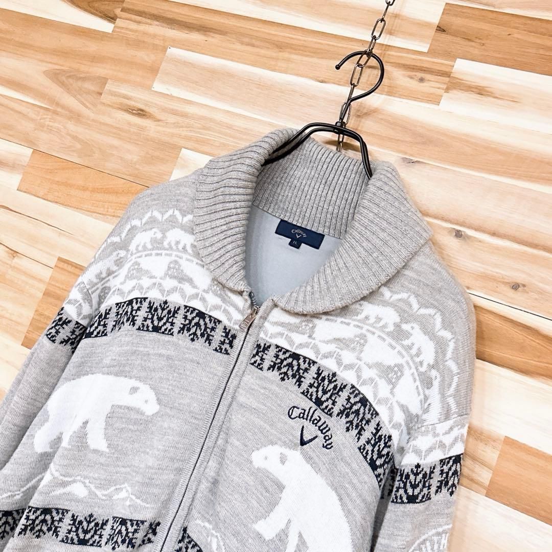 【キャロウェイ】シロクマ ジップ ニット ブルゾン ゴルフ LL グレー×白 キャロウェイ】シロクマ ジップ ニット ブルゾン ゴルフ LL グレー×白