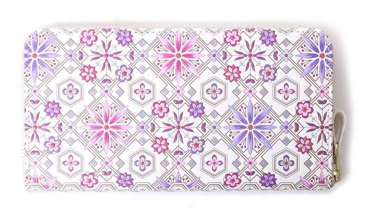 浅草文庫 友禅染 長財布 花菱 はなびし 柄 江戸小紋 財布 ラウンドファスナー 本革 ワイン