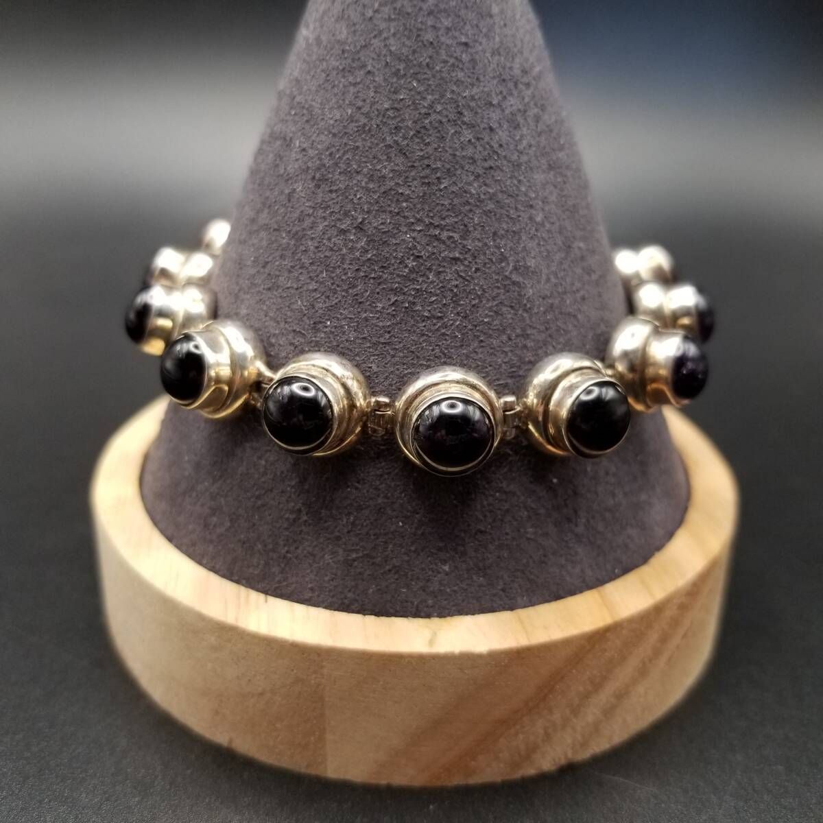 アメジスト ラウンド カボション チェーン ゴージャス 925 シルバー ヴィンテージ テニス ブレスレット 銀 大ぶり 存在感 Y 19-E