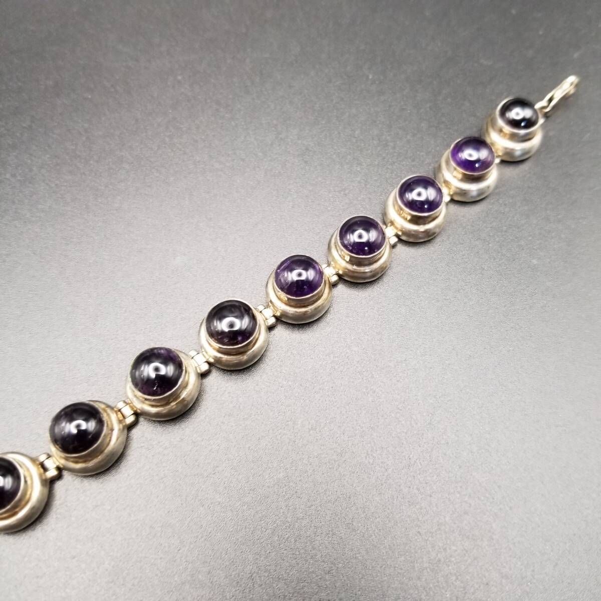 アメジスト ラウンド カボション チェーン ゴージャス 925 シルバー ヴィンテージ テニス ブレスレット 銀 大ぶり 存在感 Y19-E