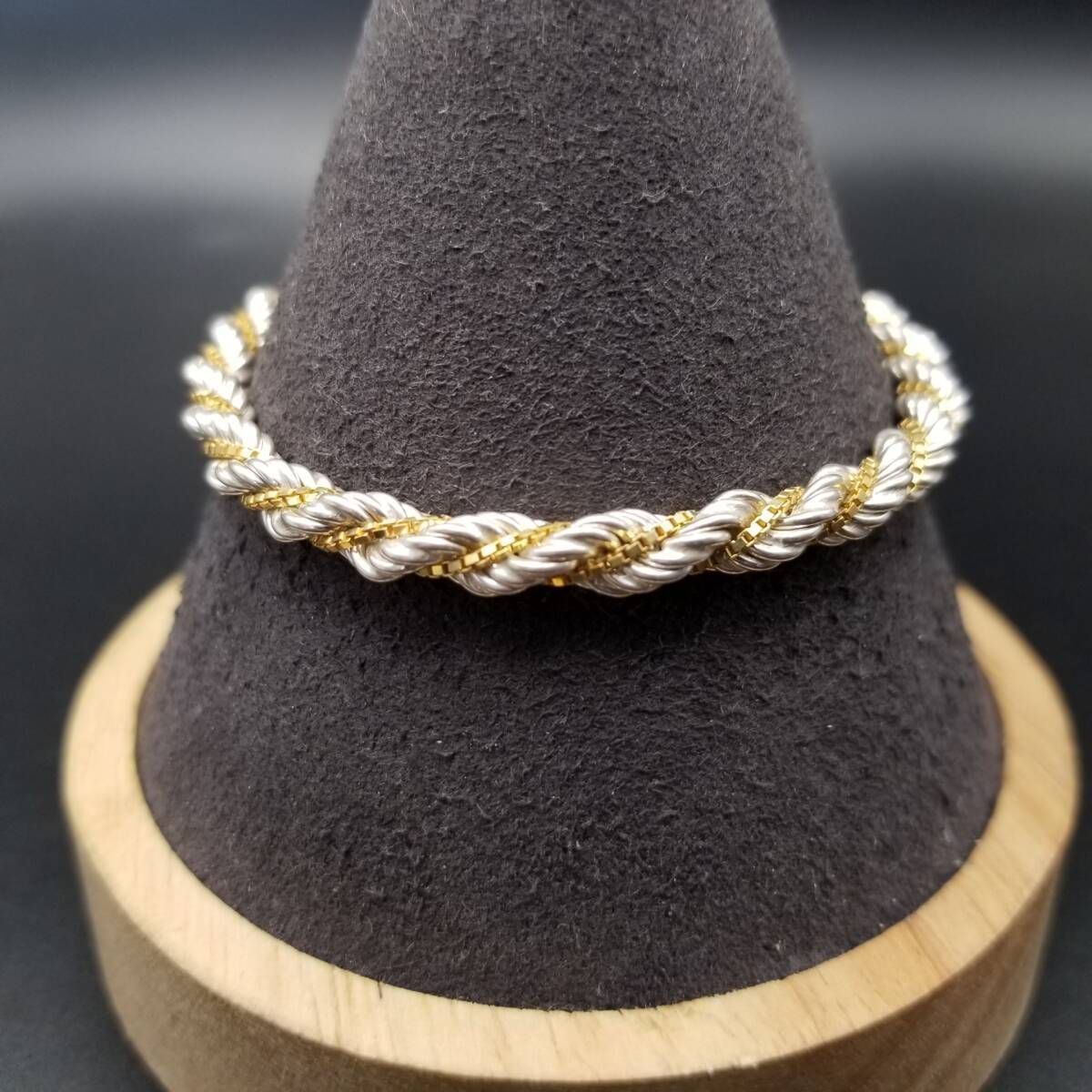 イタリア ヴィンテージ ロープ ベネチアンチェーン ツイスト 2トーン ブレスレット 銀 モダンジュエリー 幅広 存在感 Y 24-Z