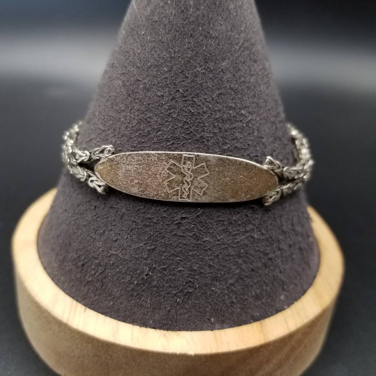 Medical Alert 紋章 オーバル IDタグ 925 シルバー ヴィンテージ ブレスレット ビザンチンチェーン 銀 レトロ メディカルアラート Y 24-Z