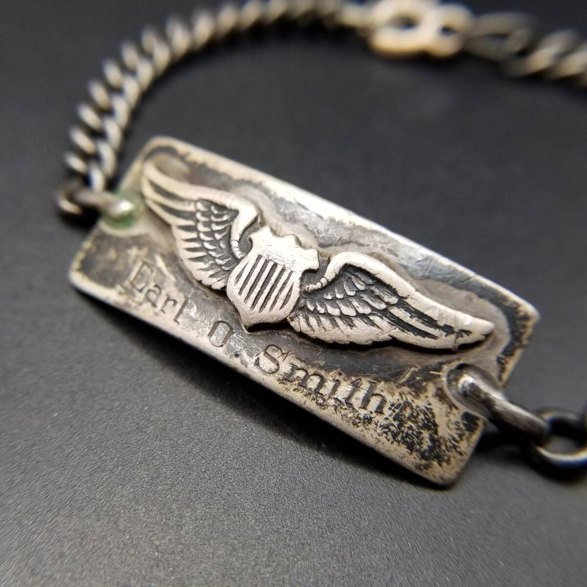 WWII期 US Air Force Pilot Wings ヴィンテージ IDタグ ブレスレット 925 シルバー 銀 ネーム彫金 Earl O. Smith ミリタリー Y 24-Z