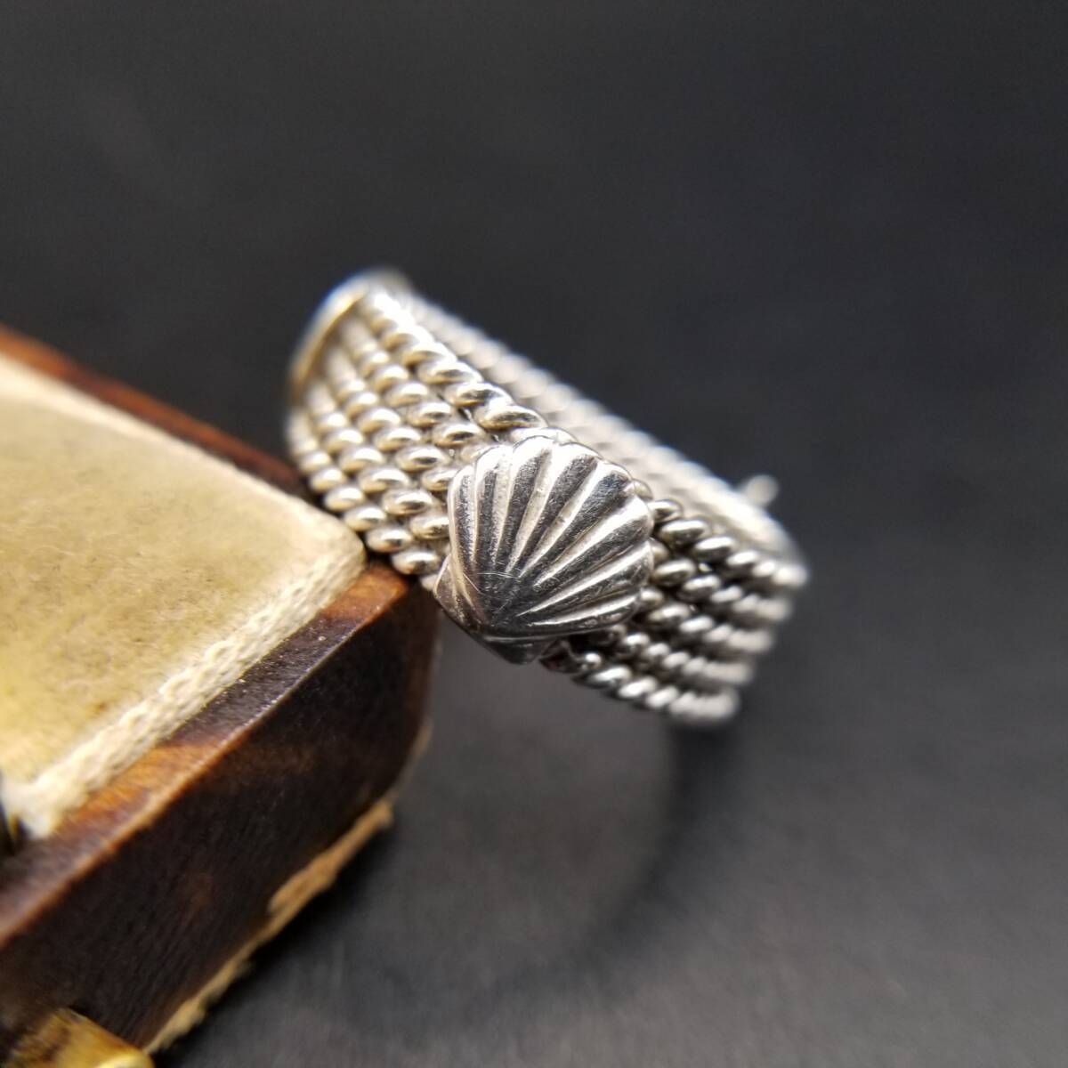 貝殻 ヒトデ お花 チャーム 925 シルバー ヴィンテージ バンド リング 中太 指輪 海の生き物 キュート 5連ロープ Y24-X