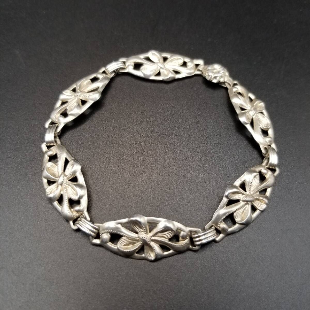 レトロ リボン 結び パネルチェーン 925 シルバー ヴィンテージ ブレスレット 銀 オープンワーク フローラル Y24-Z