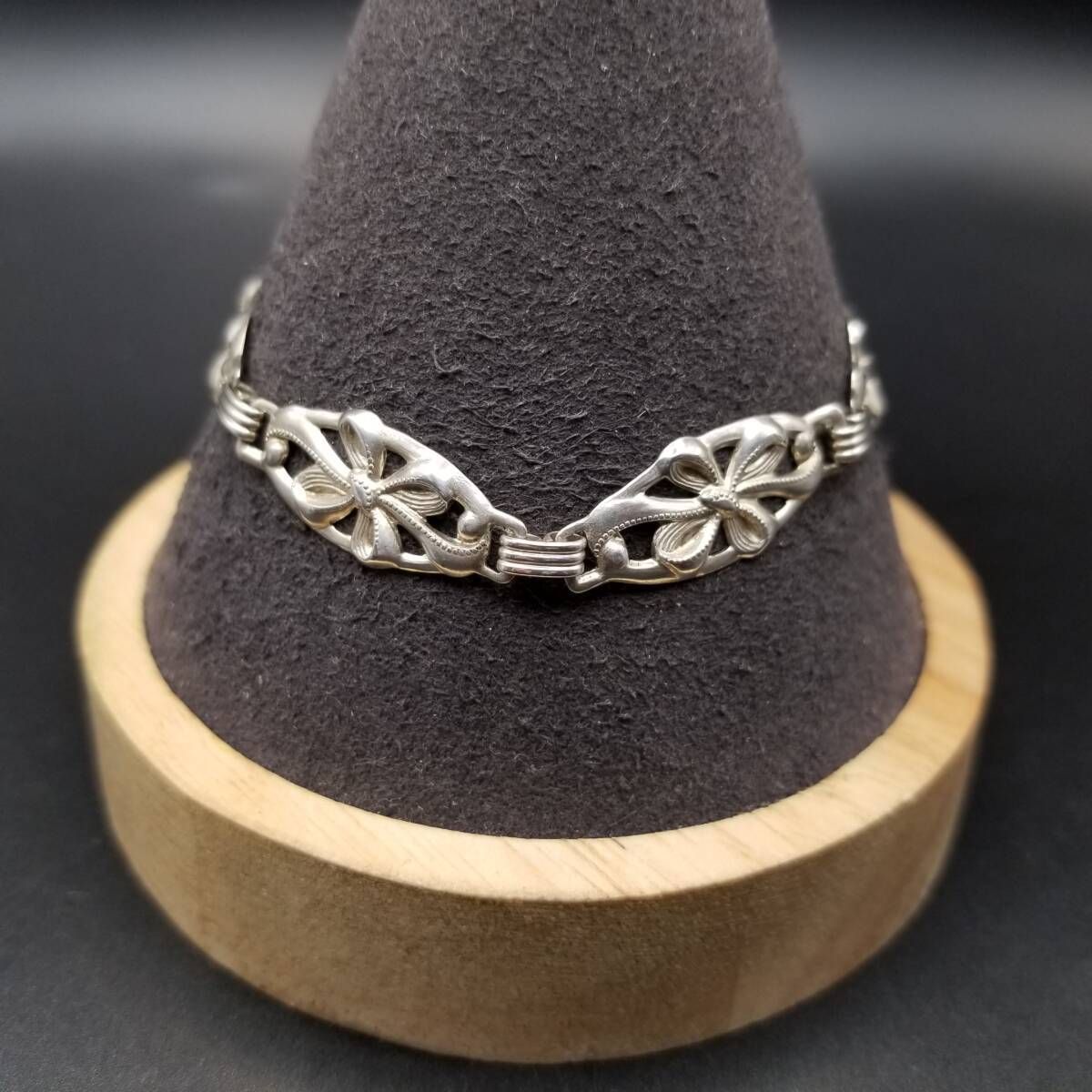 レトロ リボン 結び パネルチェーン 925 シルバー ヴィンテージ ブレスレット 銀 オープンワーク フローラル Y 24-Z