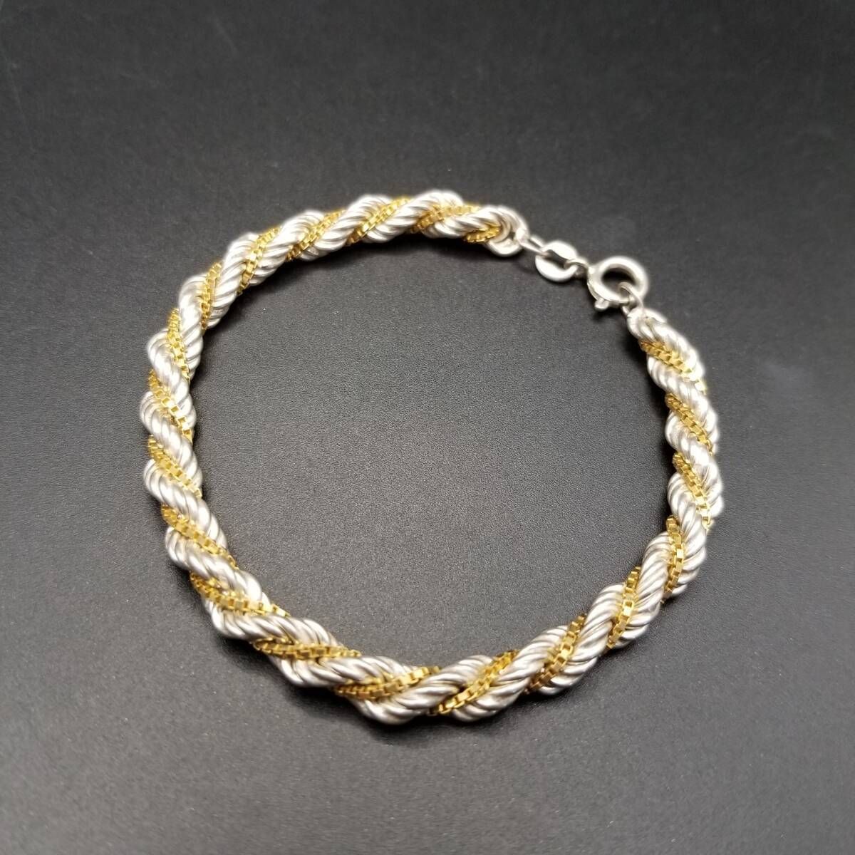 イタリア ヴィンテージ ロープ ベネチアンチェーン ツイスト 2トーン ブレスレット 銀 モダンジュエリー 幅広 存在感 Y24-Z