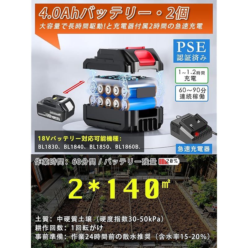 耕運機 家庭用 電動耕うん機 充電式950W 耕幅255mm 耕深220mm 家庭用 耕運機 充電式耕うん機 | (耕幅255mm⁄耕深220mm)2