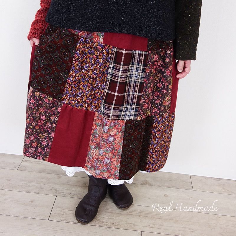 あたたかパッチティアードスカート クラシカルボルドー