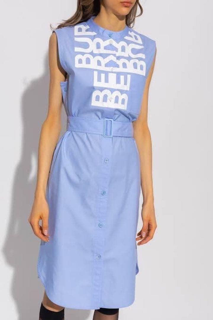 BURBERRY LONDON バーバリーロンドン ロゴ ワンピース ロゴプリント ノースリーブ シャツワンピース ベルト イングランド ENGLAND ブルー