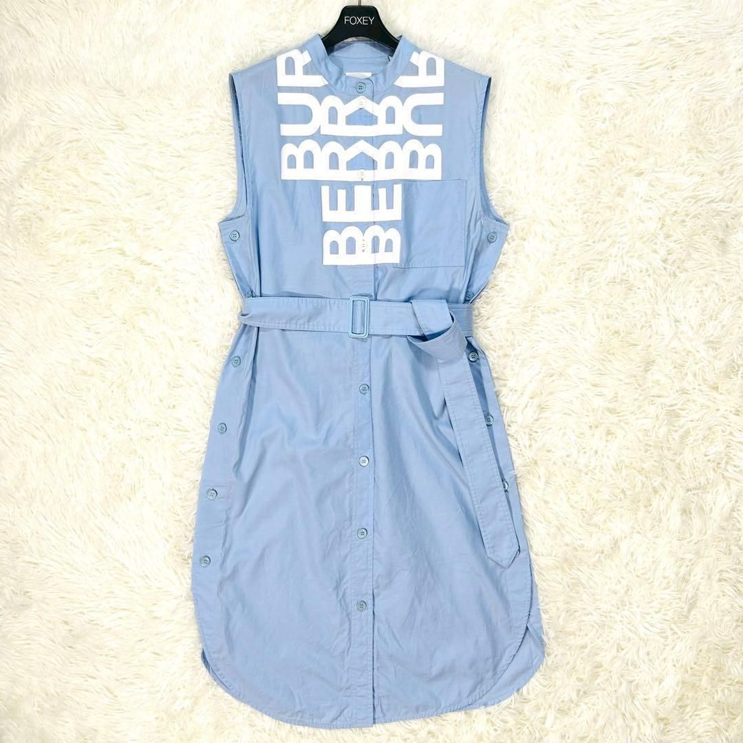 BURBERRY LONDON バーバリーロンドン 現行ロゴ ワンピース ロゴプリント ノースリーブ シャツワンピース ベルト イングランド ENGLAND ブルー ベルト
