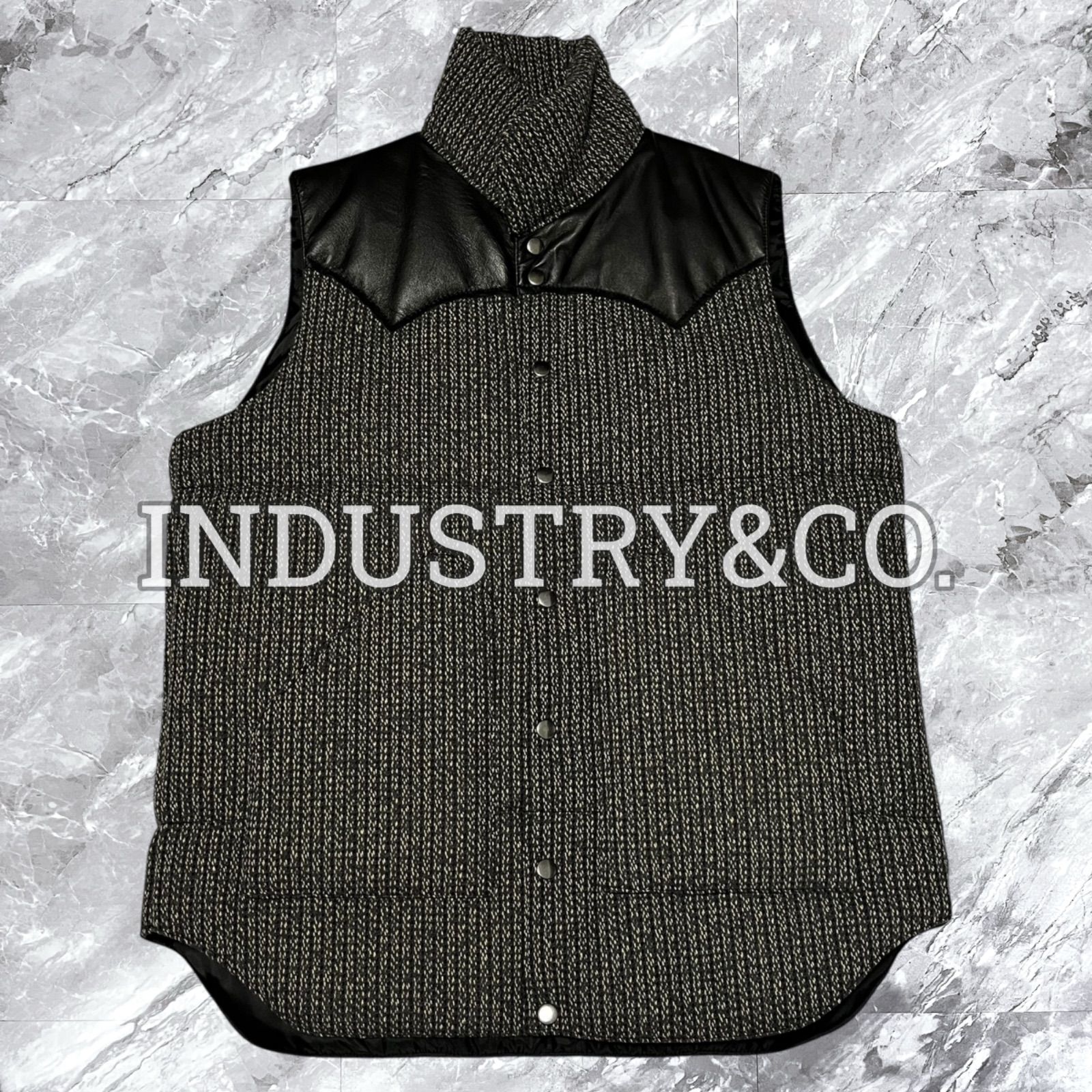 INDUSTRY-CO. インダストリーアンドコー 中綿ベスト 中わた ウール レザー 本革 豚革 切り替え カーキ系 サイズ36 S相当
