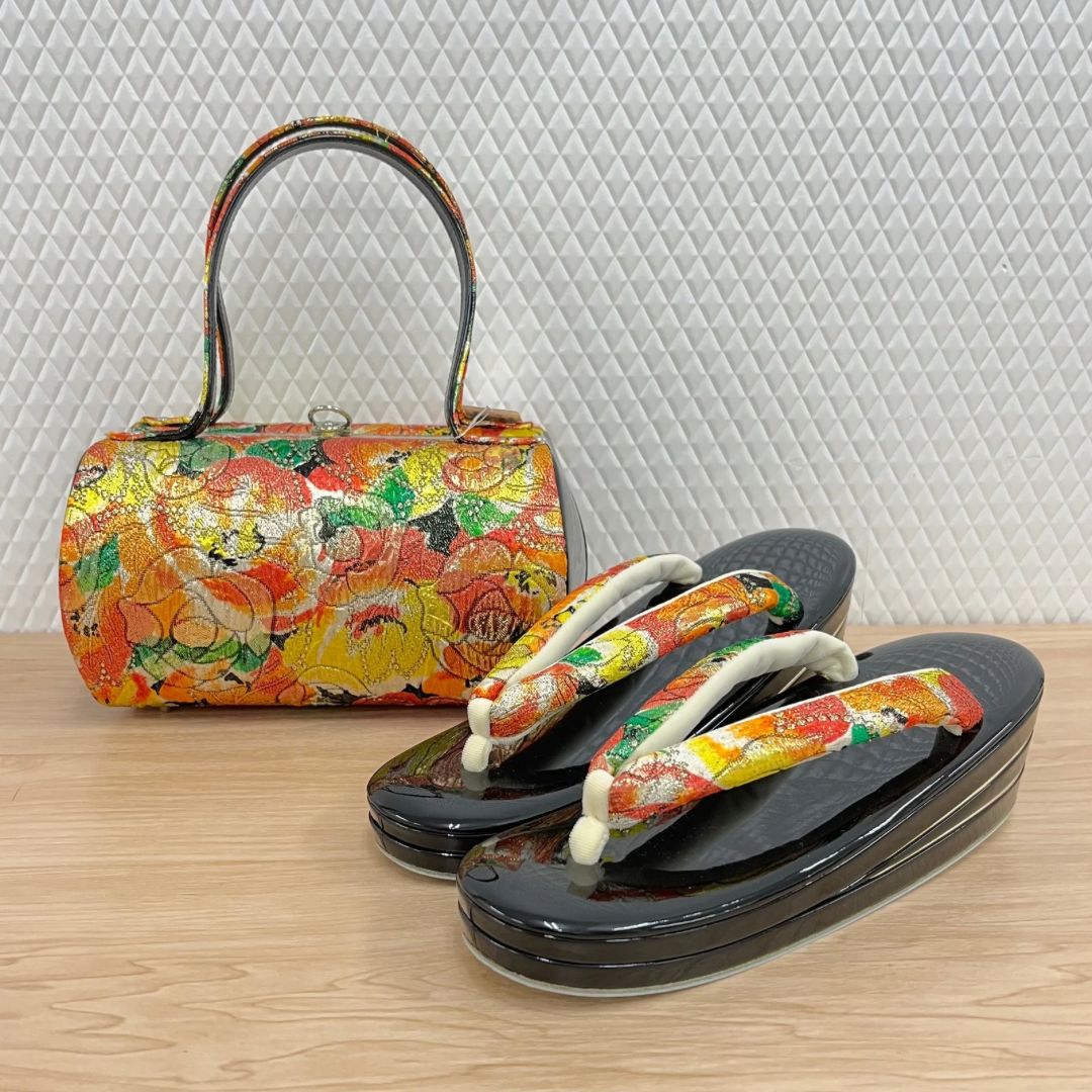 草履バッグ 彩小径 オレンジ 花模様 フリーサイズ zb-006