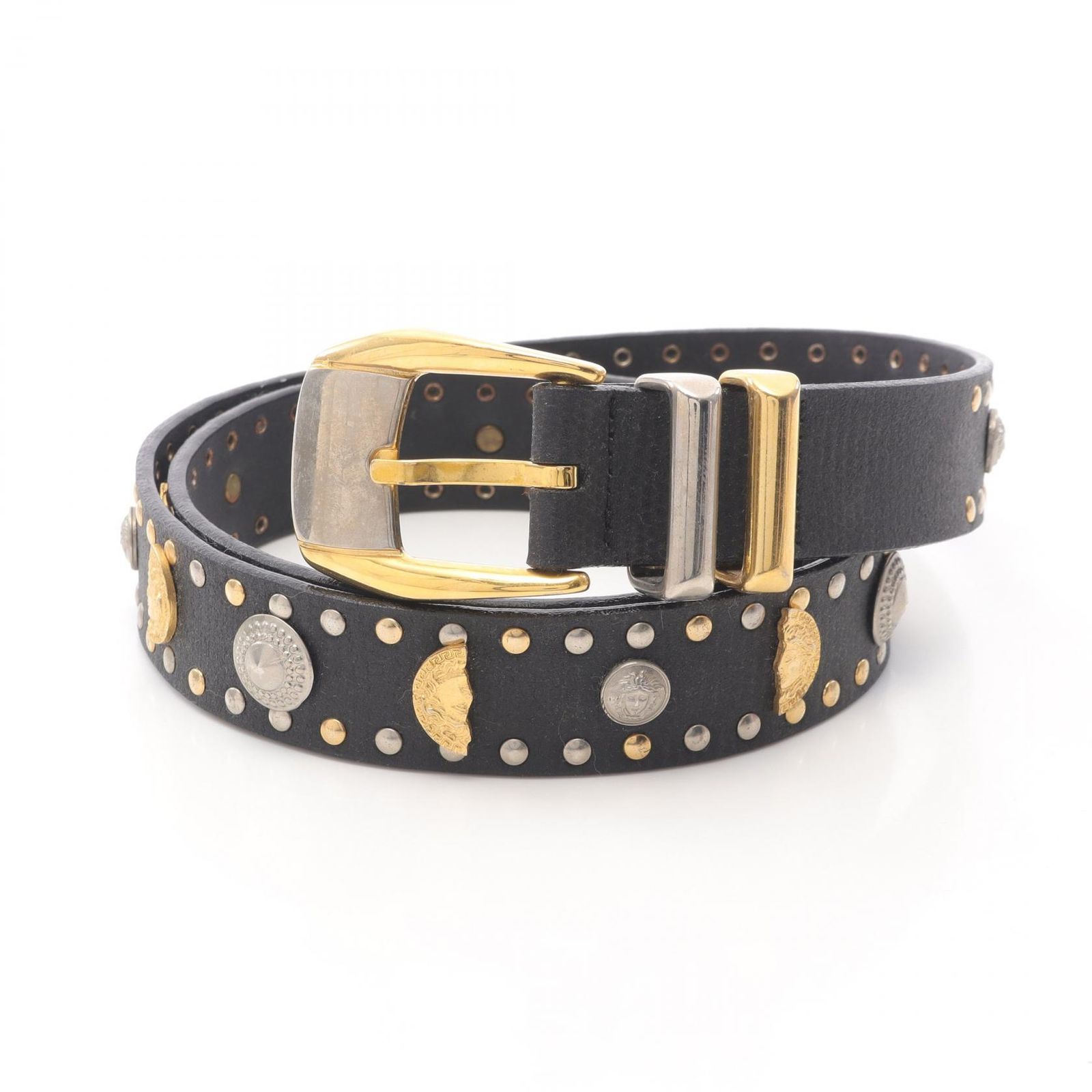 ヴェルサーチ VERSACE ベルト メデューサ ブラック レザー メデューサ コインベルト メンズ Used B