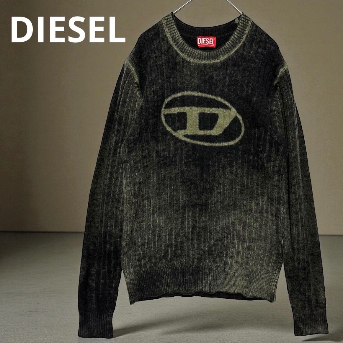 DIESEL ディーゼル ニット ウール ロゴ セーター 14 Y 168 cm キッズ 大人着用可 グリーン ブラック リブデザイン