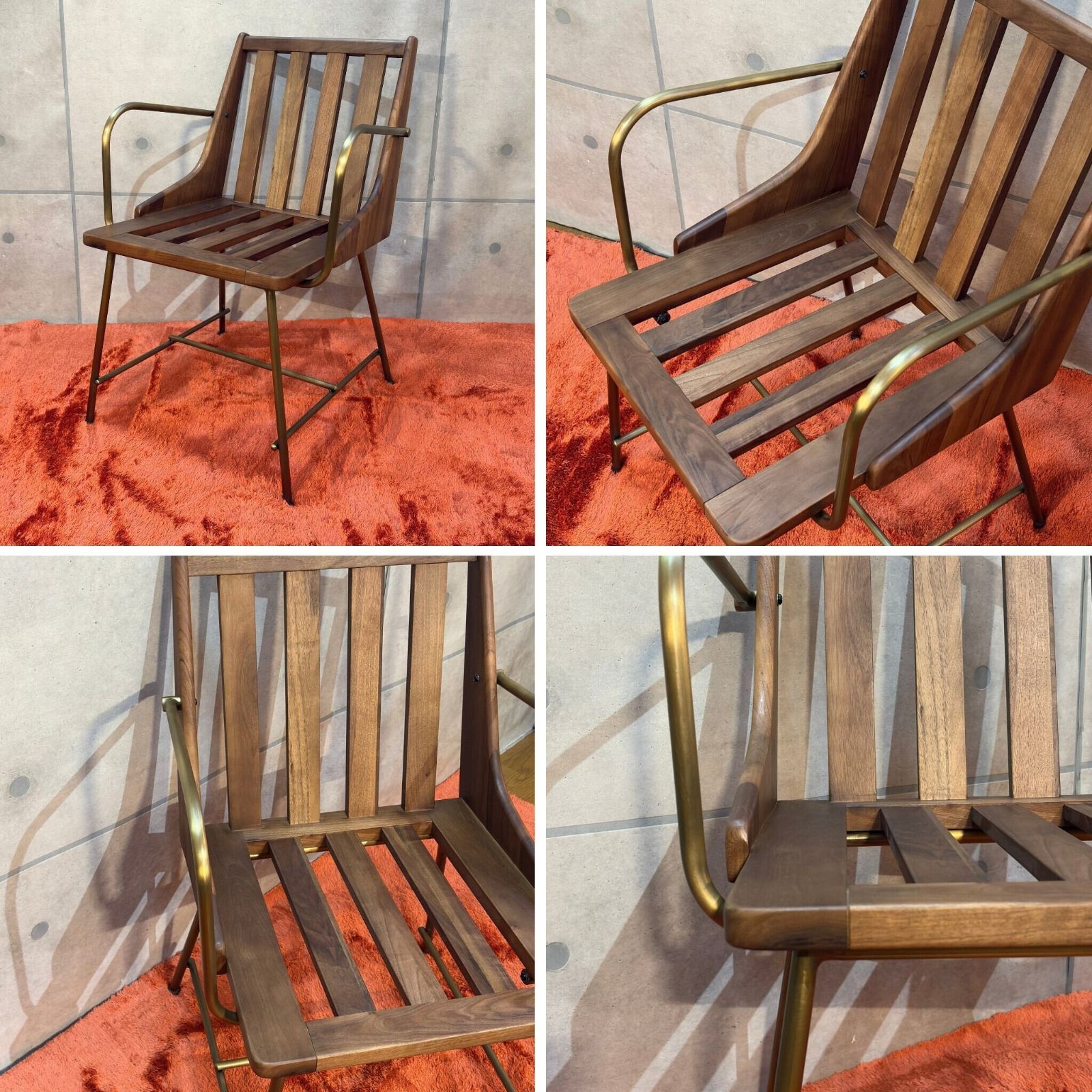 新品】ラウンジチェア 真鍮仕上げフレーム ウォルナット無垢材