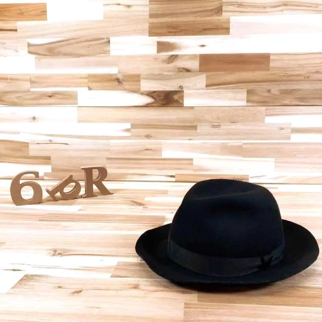 カシラ オールブラック リボン ウール フェルト 中折れハット L 黒ブラック