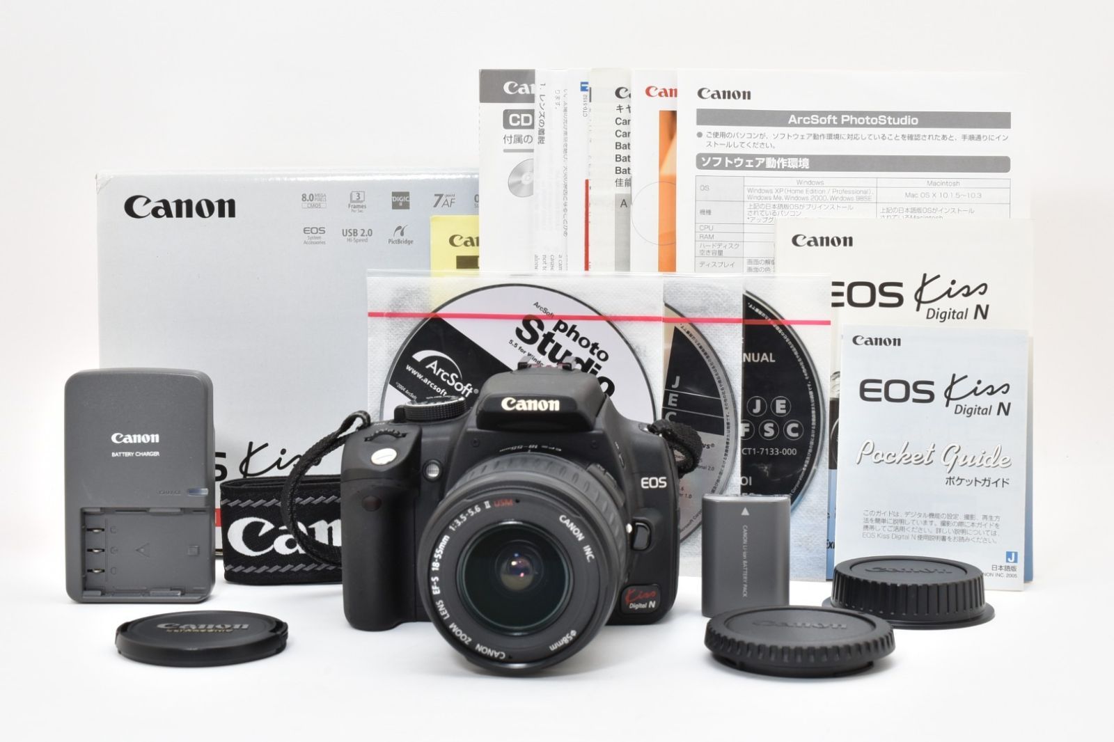 Canon EOS 18-55mm 一眼レフ　カメラ　 おまけ付き11点セット Canon EOS Kiss Digital N ＋ EF-S 18-55mm II ズームレンズセット