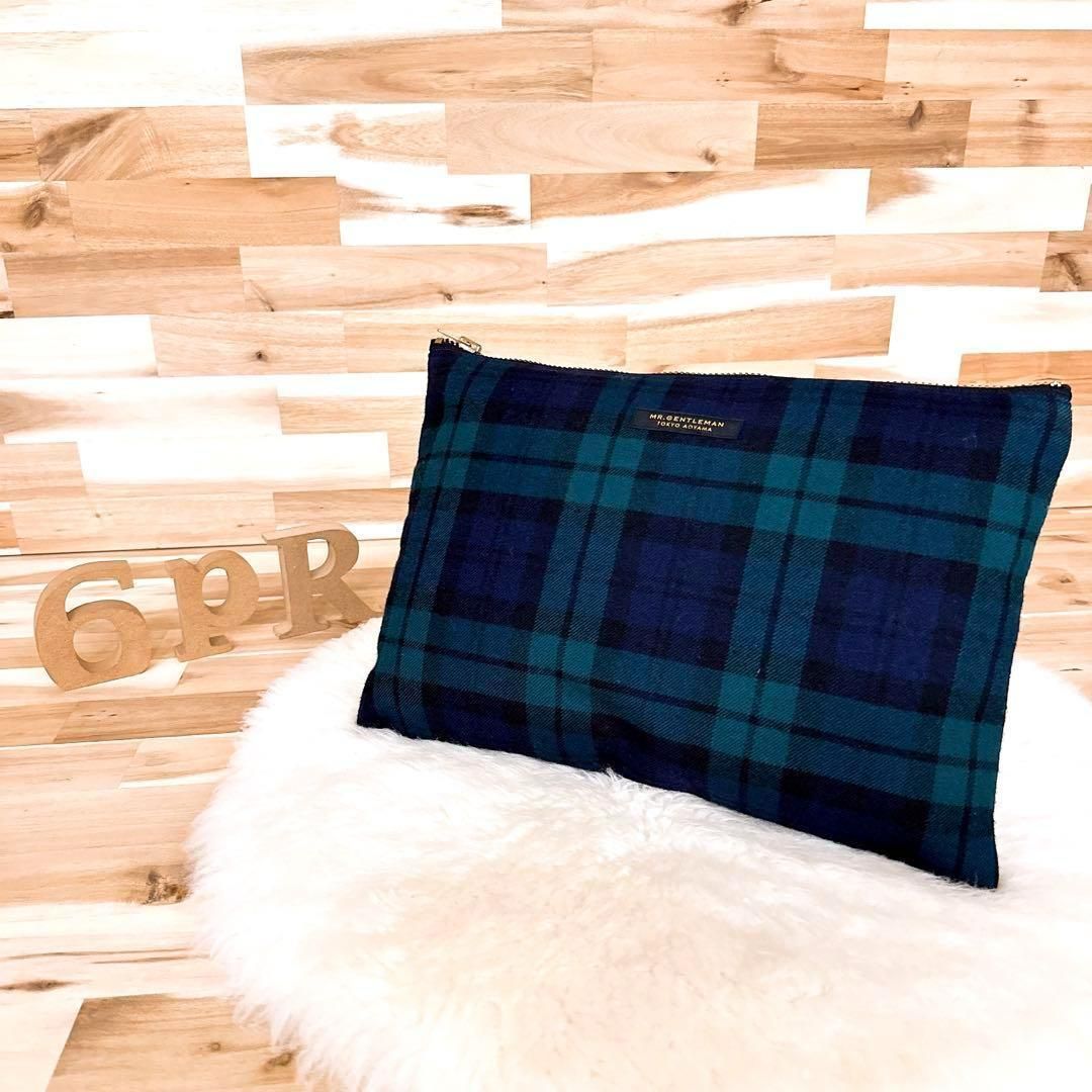 ミスタージェントルマン スクエア チェック ウール クラッチバッグ 緑×紺