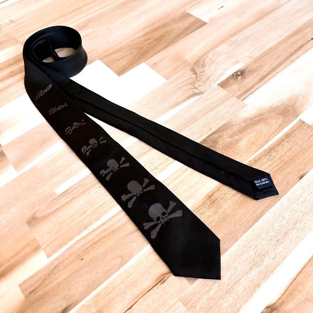 ロエン スカル ボーン ロゴ シルク ネクタイ ドクロ 髑髏 黒×グレー