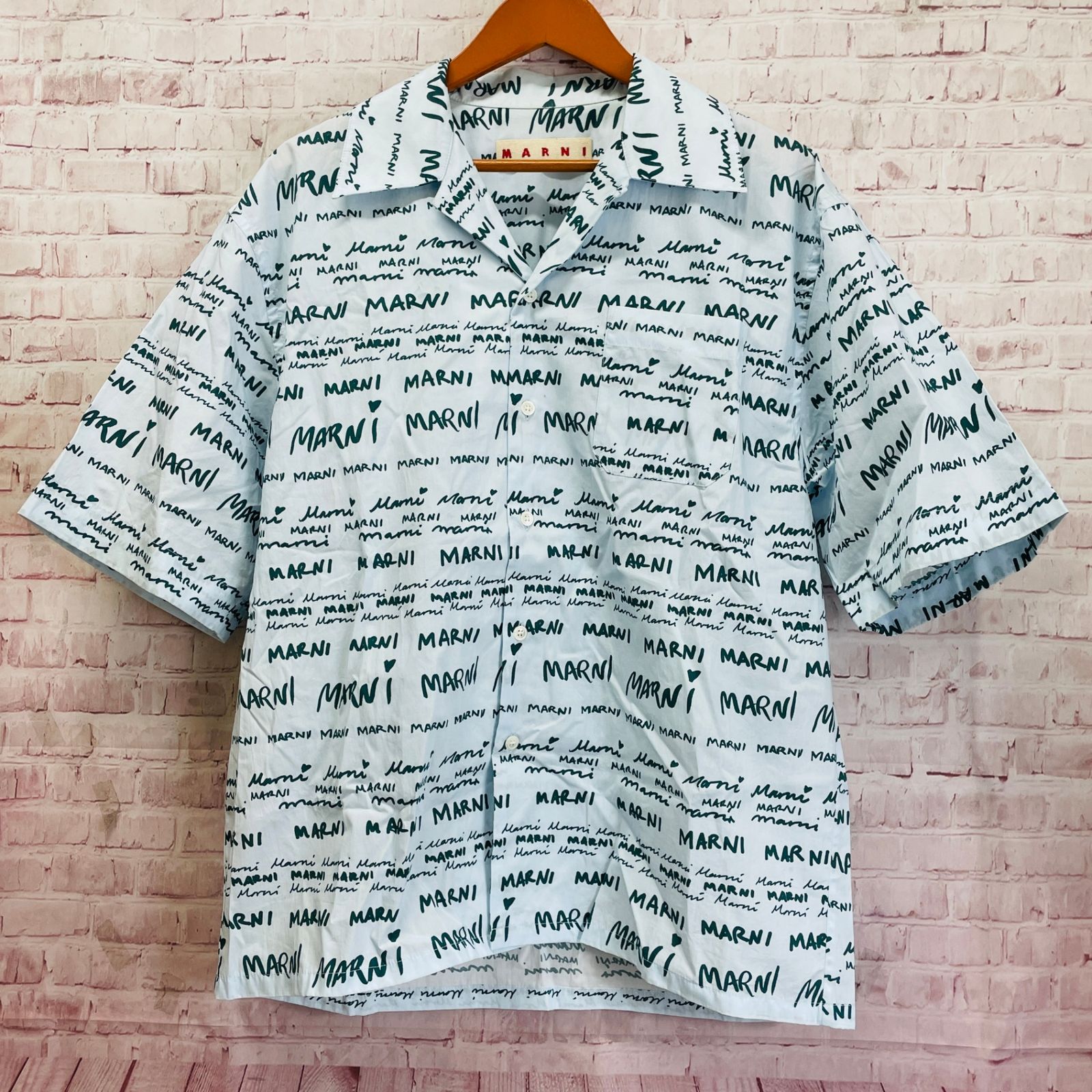 MARNI マルニ Mega Marni ボーリングシャツ ライトブルー 46 メンズ 半袖シャツ 総柄
