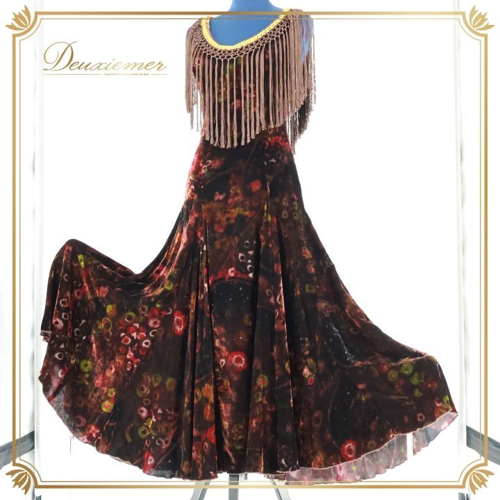 フラメンコ 衣装 ワンピース ドレス ベロア フレコ フリンジ 赤 黒 感 上品 CANELA PURA ブラック系 レッド系 発表会 パーティ デザイン おしゃれ 女性用 イベント 舞台衣装 ステージ フェスティバル ドレスアップ