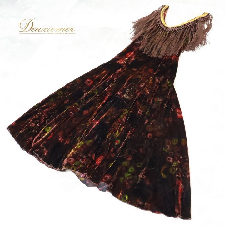 フラメンコ 衣装 ワンピース ドレス ベロア フレコ フリンジ 赤 黒