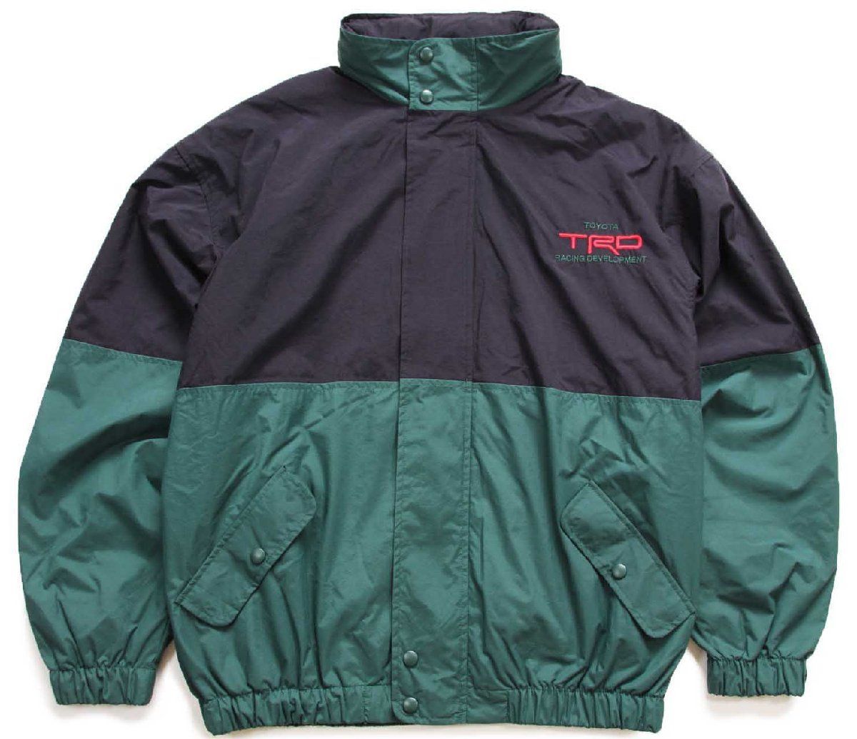 90s TOYOTA トヨタ TRD RACING DEVELOPMENT ロゴ刺繍 ツートン ナイロンジャケット 黒×緑 L パーカー 北米 カスタム USDM