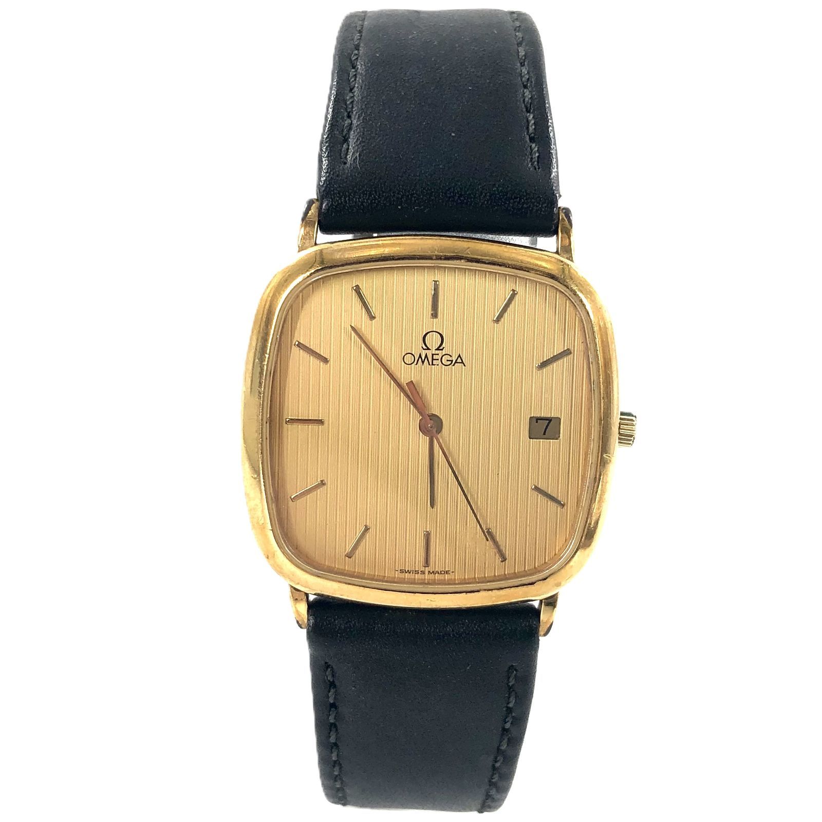 OMEGA オメガ Deville デヴィル デイト QZ レザー SS ゴールド文字盤 メンズ腕時計 稼働品 PF 435