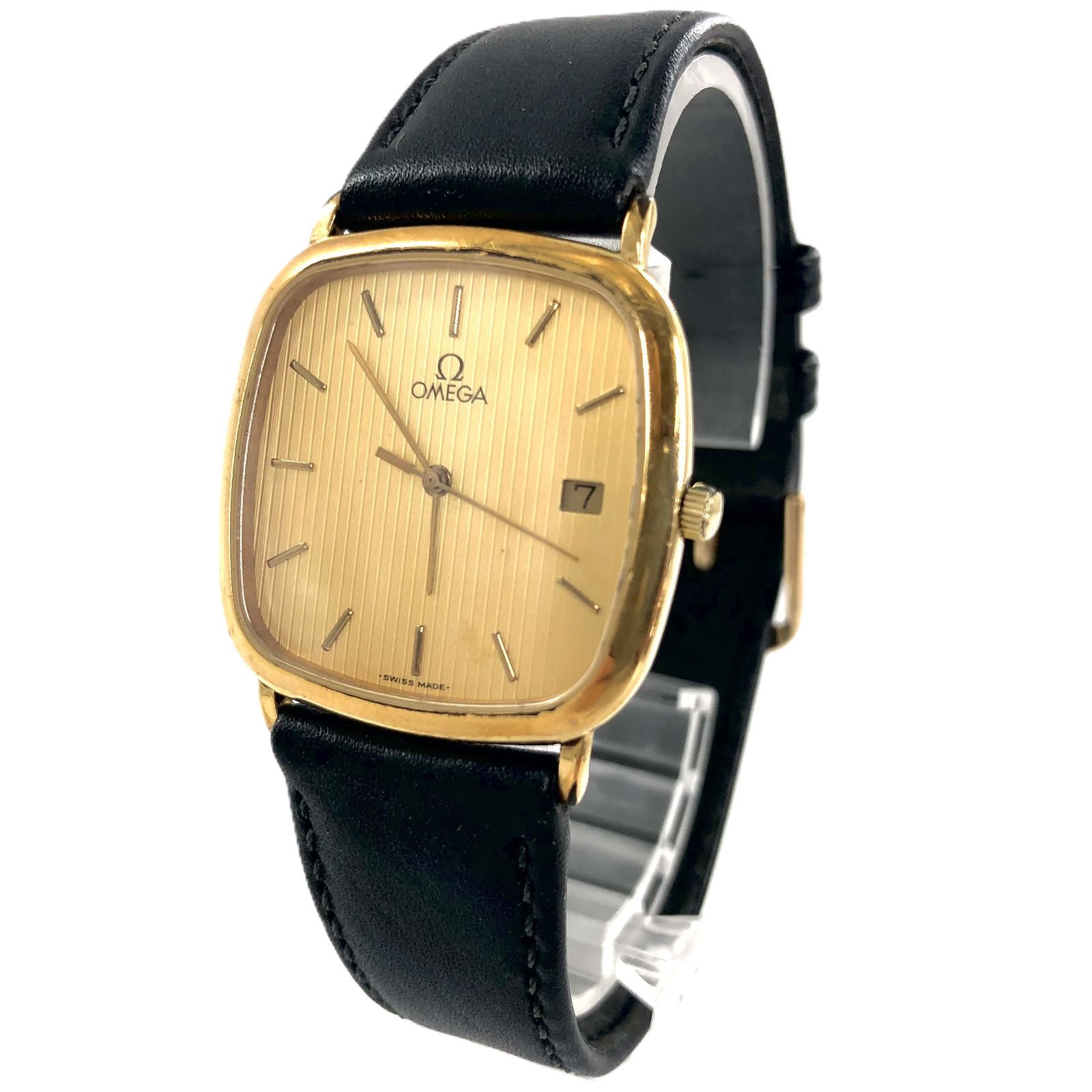 OMEGA オメガ Deville デヴィル デイト QZ レザー×SS ゴールド文字盤 メンズ腕時計 稼働品 PF-435