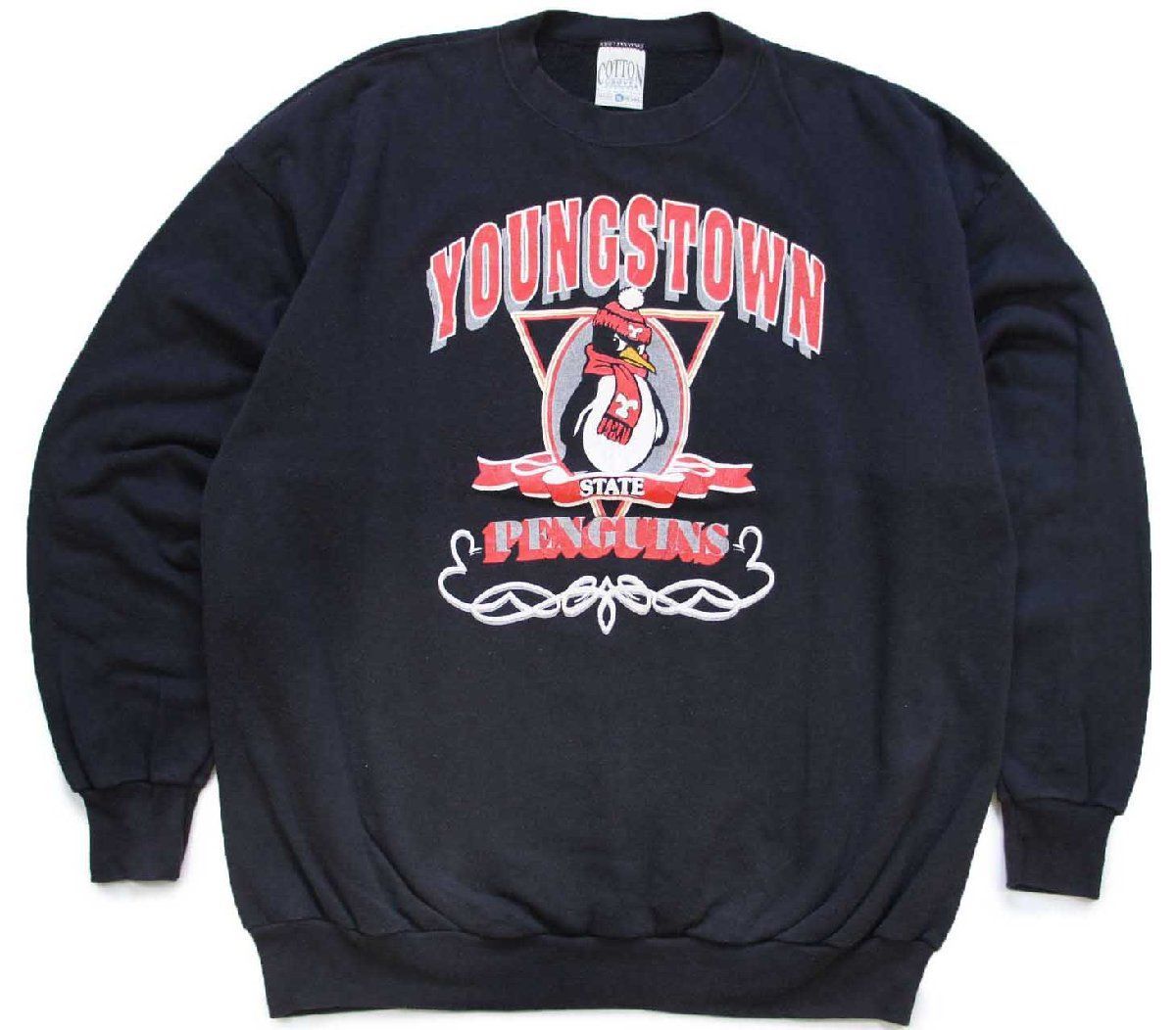 90s YOUNGSTOWN PENGUINS マスコット ひび割れプリント スウェット 黒 XL ビンテージ ペンギン キャラ ブラック ビッグサイズ