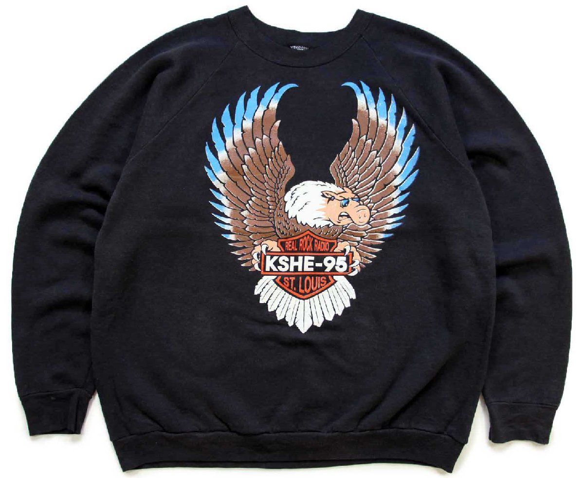 80s KSHE-95 REAL ROCK RADIO ハーレー モチーフ スウェット 黒 フェード XL ビンテージ HARLEY ラジオ ブラック ビッグサイズ