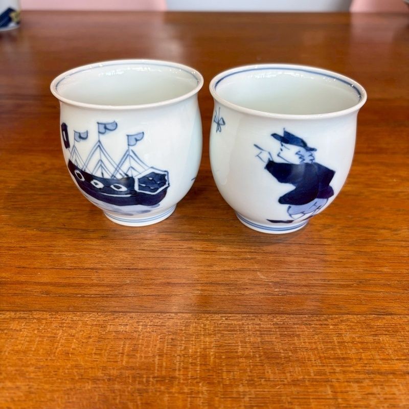 しん窯 青花 大湯呑 絵変わり6客セット 異人さん 南蛮人 花 染付