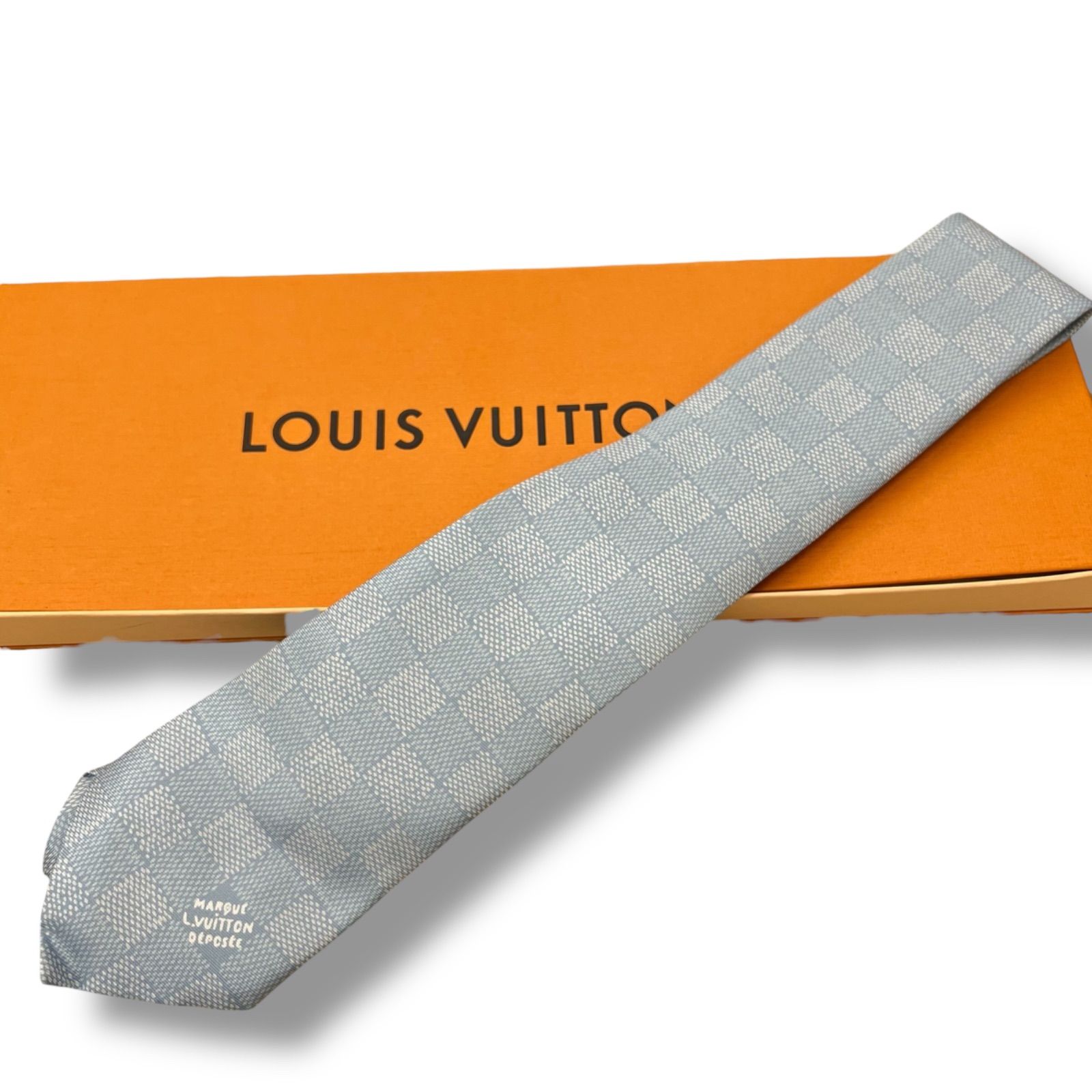 Y IT8N2SY9V2Y6 ルイヴィトン ダミエ ネクタイ 水色 ライトブルー シルク100％