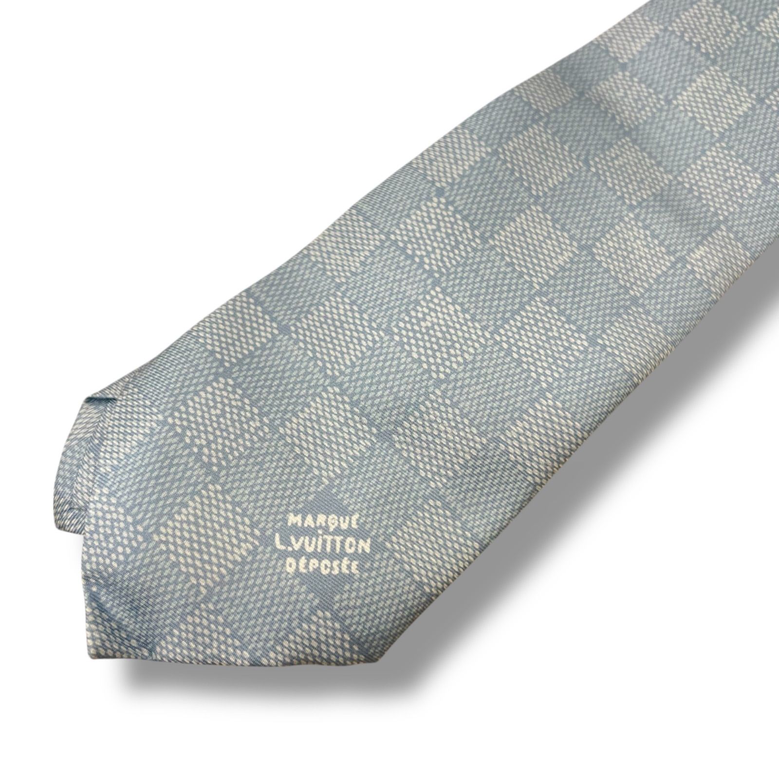 Y IT8N2SY9V2Y6 ルイヴィトン ダミエ ネクタイ 水色 ライトブルー シルク100%