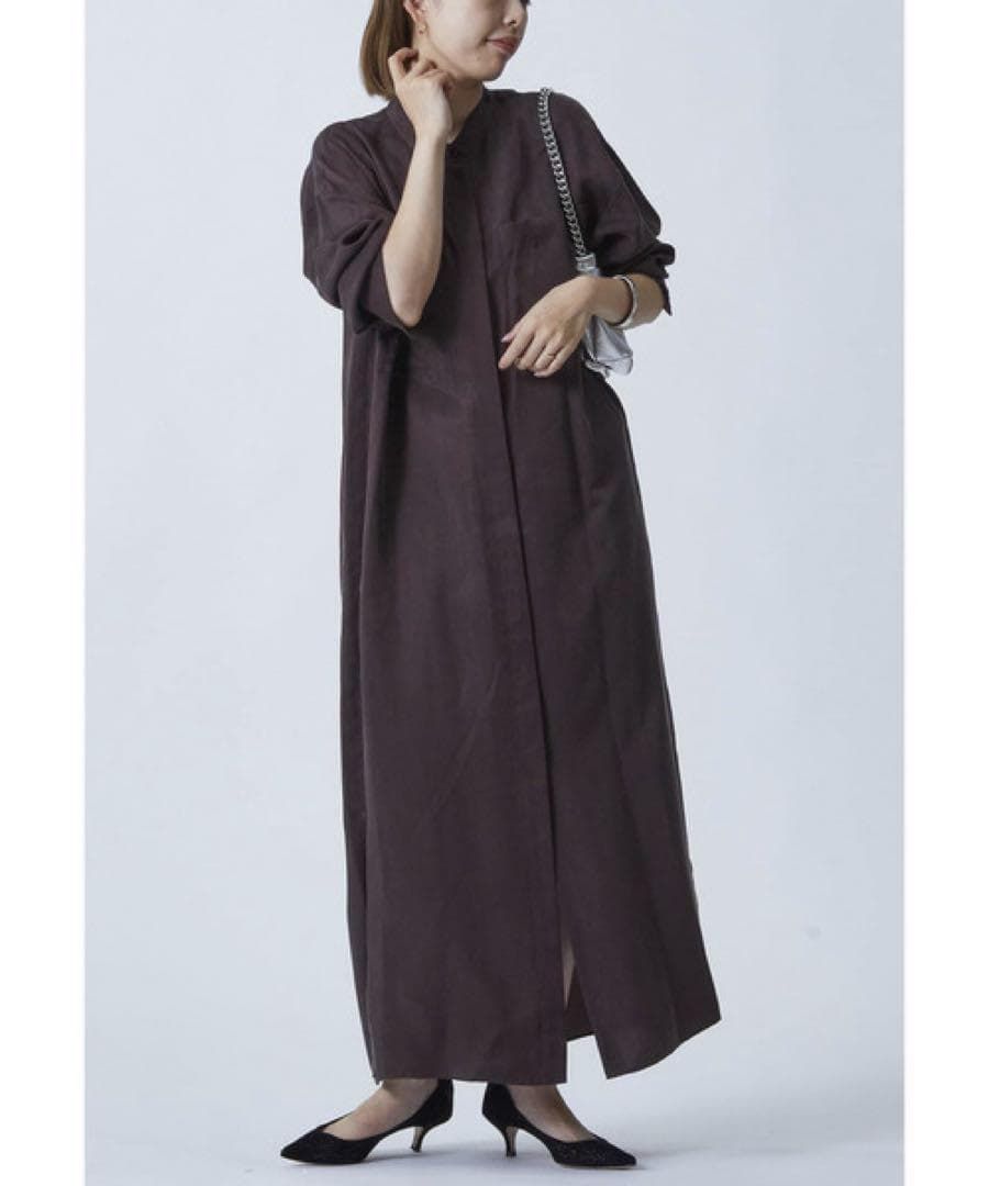 1er Arrondissement プルミエアロンディスモン ロング シャツワンピース とろみ ドレス キュプラ ブラウン M