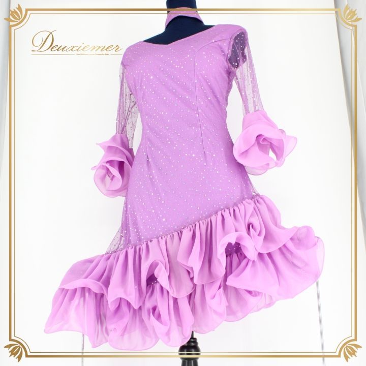 社交ダンス 衣装 ラテン ドレス ワンピース パーティ衣装 女性用 レディース オールシーズン パープル系 紫 Leirena レイリーナ フリル アシンメトリーデザイン チョーカー付き 舞台用 飾り付き 結婚式 余興 パフォーマンス 母の日 プレゼント