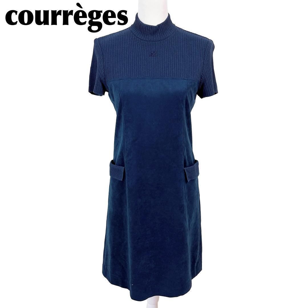 最安価に挑戦！ Courreges 半袖 ベロア切替ニットワンピース ブランドロゴ刺繍 【超特価SALE開催中！】