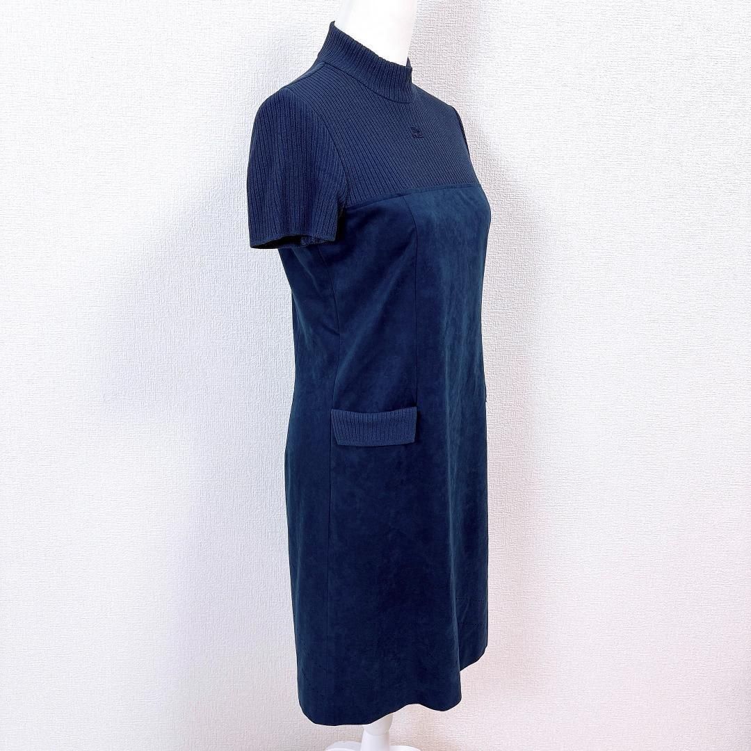 ベロア切替ニットワンピース ブランドロゴ刺繍