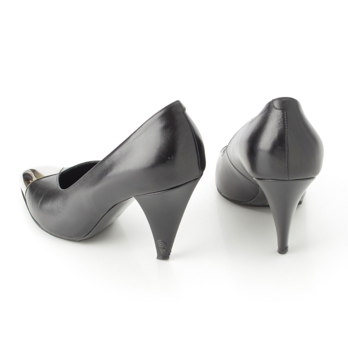  セリーヌ レザー エディスリマン Vカット メタル アーモンドトゥ ヒール パンプス シューズ ブラック 38 ハイヒール パンプス パンプス