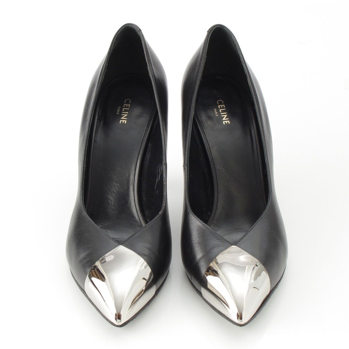 セリーヌ レザー エディスリマン Vカット メタル アーモンドトゥ ヒール パンプス シューズ ブラック 38