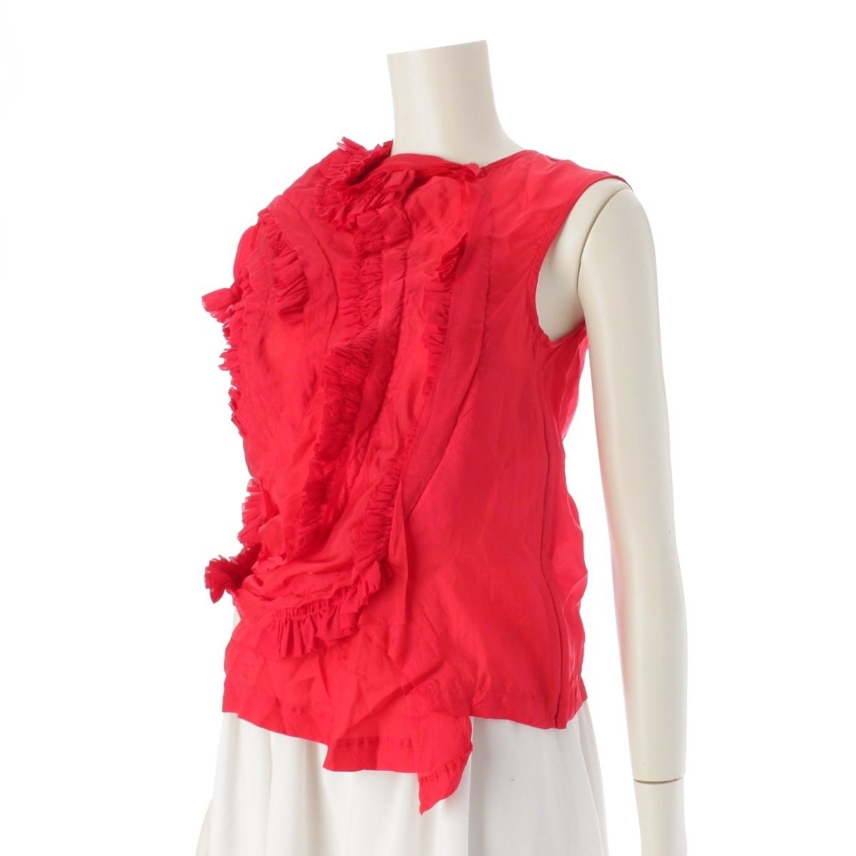 コムデギャルソン AD2014 キュプラ フリルデザイン アシンメトリー ノースリーブ ブラウス シャツ GO-B026 レッド XS