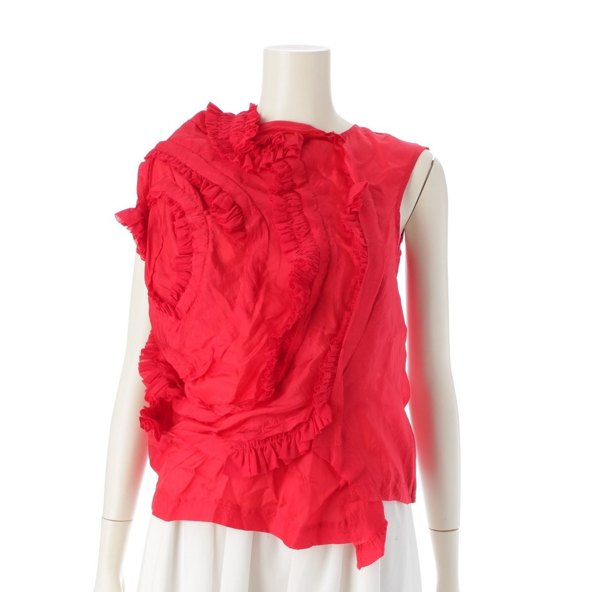 コムデギャルソン AD2014 キュプラ フリルデザイン アシンメトリー ノースリーブ ブラウス シャツ GO-B026 レッド XS