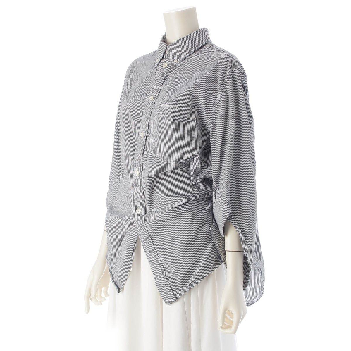 バレンシアガ 22S S ロゴ刺繡 ストライプ スウィング ツイスト ブラウス 五分袖 671663 ホワイト ブラック 32