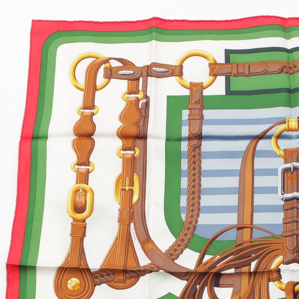 エルメス 23年 カレ90 COACHING コーチング シルク スカーフ レッド ホワイト グリーン マルチ