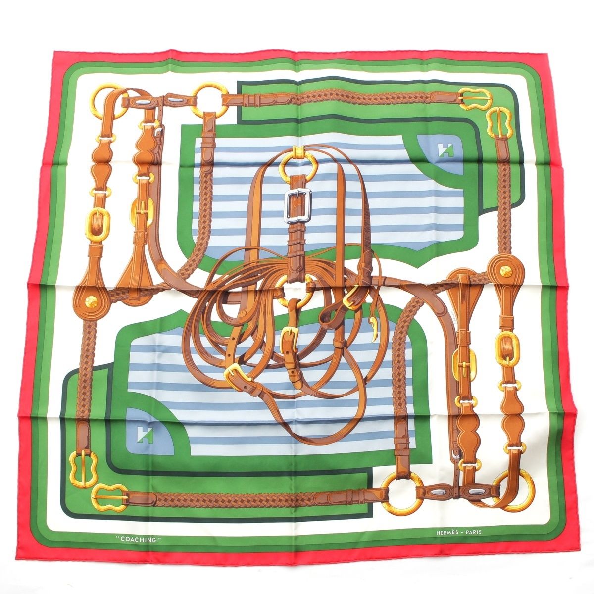エルメス 23年 カレ90 COACHING コーチング シルク スカーフ レッド ホワイト グリーン マルチ