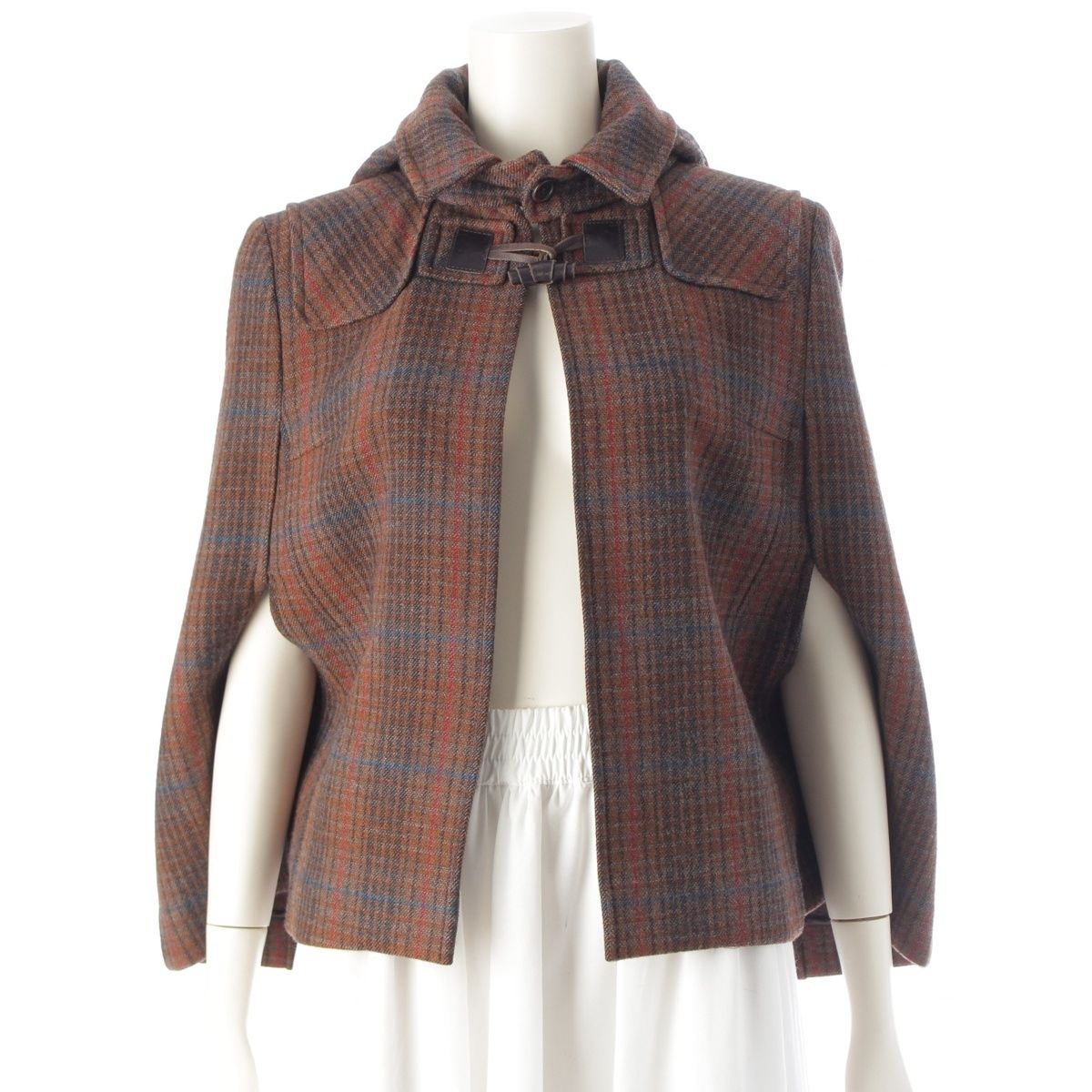 ミュウミュウ ウール チェック柄 フード付き ケープ ポンチョ コート ブラウン 38